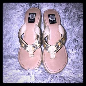 Yellow Box Tan/Gold T-strap Platform Sandals